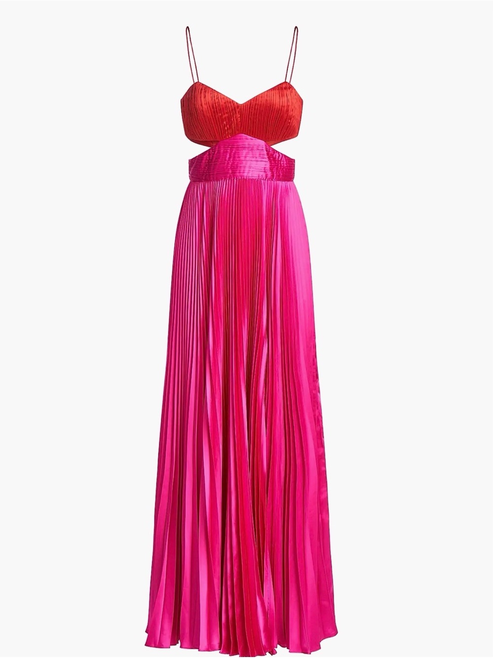 AMUR Two-Tone Red and Hot Pink Pleated Maxi Dress